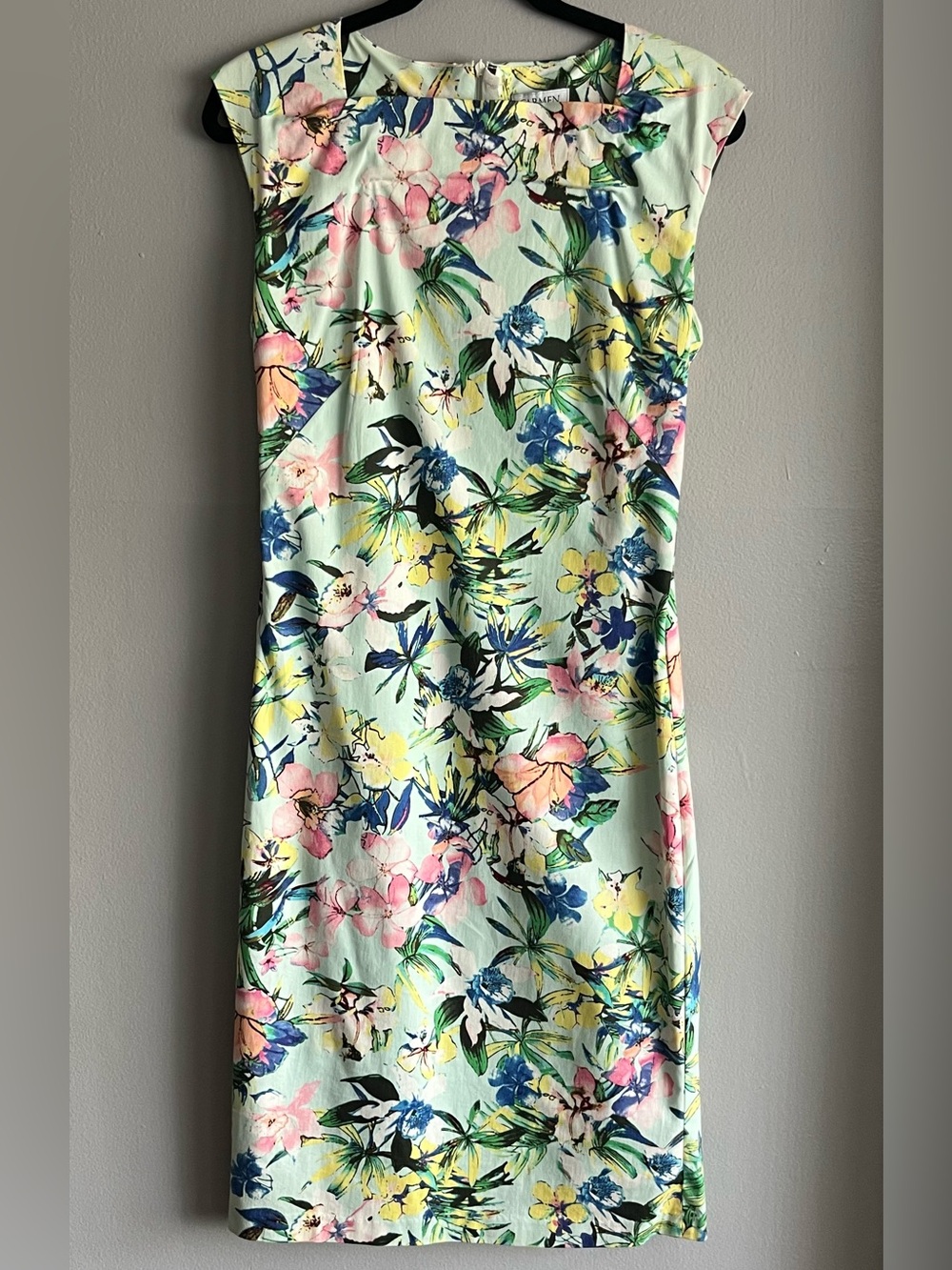 Carmen Marc Valvo Mint Floral Midi Sheath Dress with Tropical Flowers